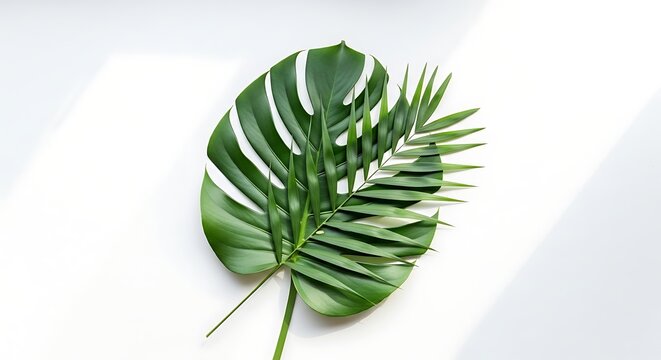 Green tropical leaf on white background.