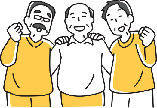 肩を組んでやる気満々な3人のおじさん
