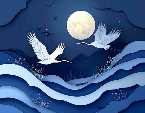 Cranes Flying Over Paper Cut Moon Silhouette