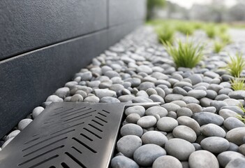 Fototapeta premium Modern French drain system with gravel stones and protective grate ensuring efficient water drainage, outdoor surface protection, and durable architectural exterior landscaping solution.