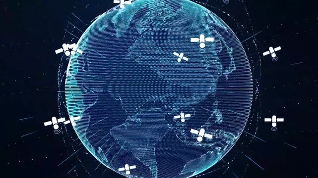Global Satellite Network Orbiting Digital Earth Globe, Futuristic Telecommunication Cyber Space Data Connection Background, Hologram Planet Technology Loop