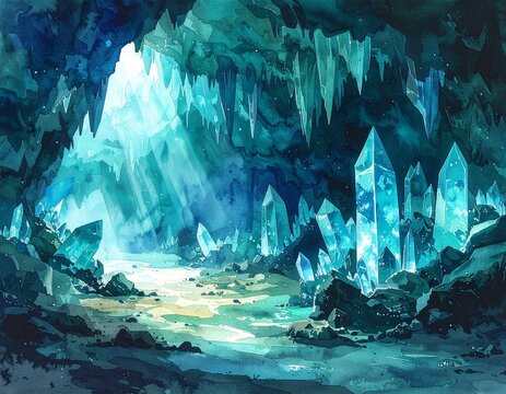 Magical underground crystal cavern with glowing blue gems in watercolor style