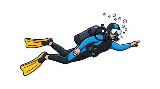 A scuba diver in a blue and black wetsuit swims with yellow flippers and a diving tank