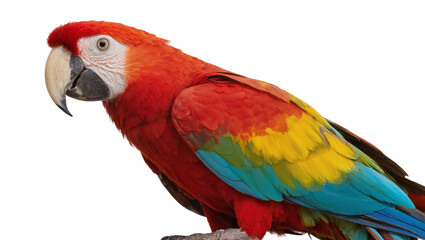 Scarlet macaw parrot with vibrant red yellow and blue feathers, isolated on transparent background © Aliona