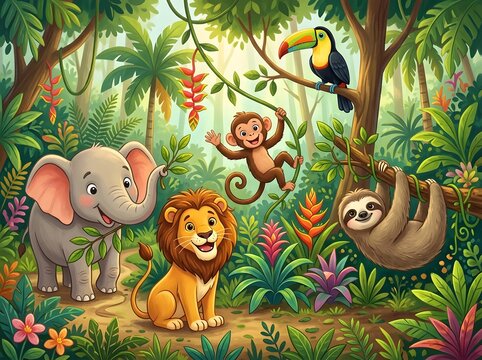 A group of jungle animals including an elephant, lion, monkey, sloth, and toucan in a lush forest with vibrant plants and flowers