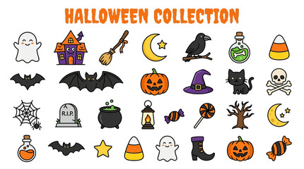 Fototapeta premium Halloween themed vector illustrations of ghosts, bats, pumpkins, and spooky icons.
