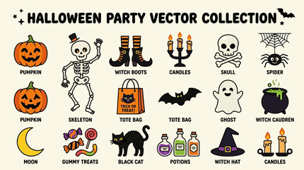 Fototapeta premium Halloween party vector collection with festive icons and characters on a spooky night