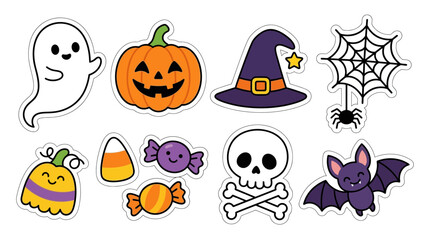 Fototapeta premium Halloween sticker collection with spooky illustrations of ghost, pumpkin, witch hat, spider web, candy, skull, and bat for festive decorations.