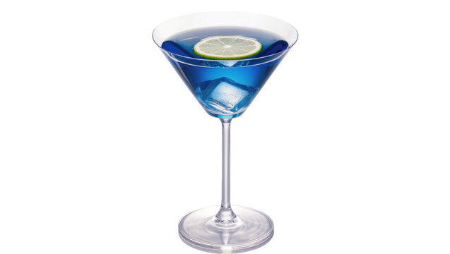 Blue martini cocktail with ice cubes and lime slice, isolated on transparent background