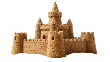 Intricate sandcastle with towers and crenellations, isolated on transparent background © Sorin
