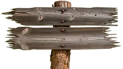 Weathered wooden directional signpost with rusty nails, isolated on transparent background © Sorin
