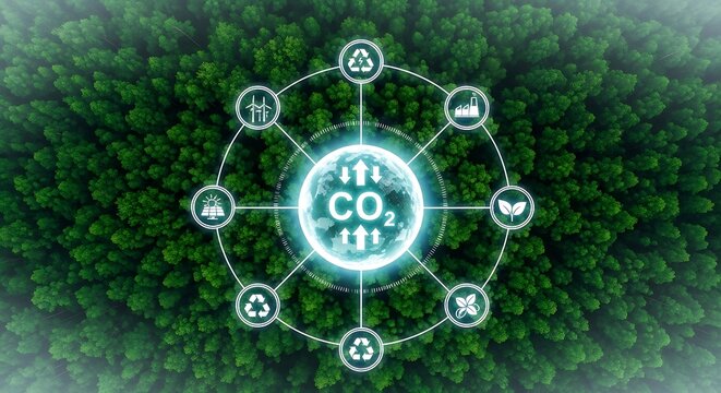 Green forest background with C O2 reduction concept and recycling symbols trees