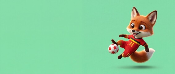 Obraz premium Cute fox playing soccer football mascot character kicking ball in mid-air on mint green background banner with copy space, funny cartoon animal athlete in red uniform jersey for sport design template.
