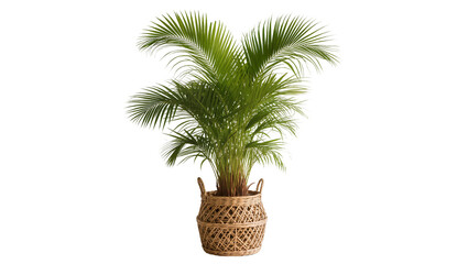 Obraz premium Areca palm plant in woven basket with green fronds
