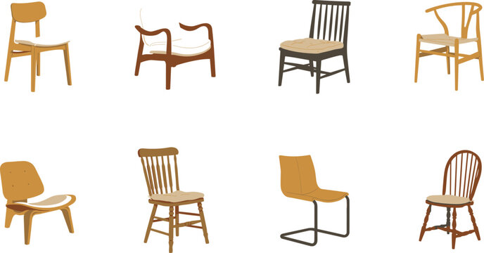 Mid Century Modern and Classic Wooden Chair Vector Icon Set with Wishbone Lounge Cantilever Windsor and Dining Furniture Designs for Interior Architectur