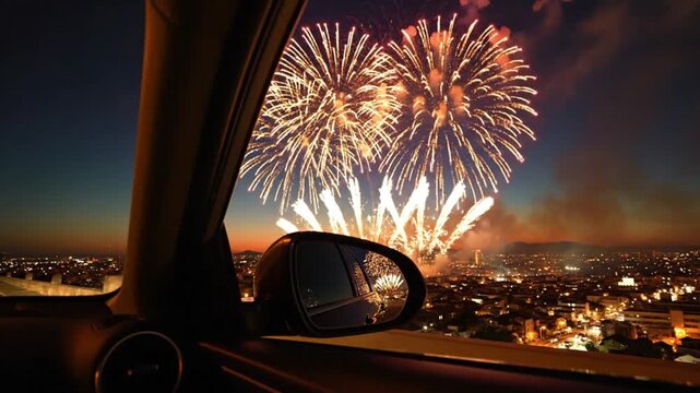 Celebrating a special night as vibrant fireworks burst over a city skyline, beautifully reflected in a car's side mirror, offering a unique and memorable perspective