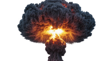 Massive nuclear explosion mushroom cloud with bright orange fire and dark smoke, isolated on transparent background © Aliona