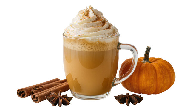 Pumpkin spice latte with whipped cream cinnamon sticks star anise, and mini pumpkin