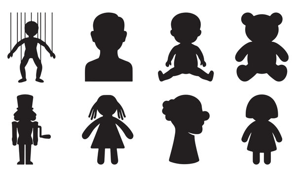 Collection of black silhouette representing various toys and human figures including a marionette, teddy bear, doll, and nutcracker on a white background