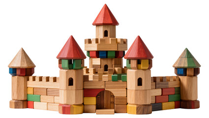 Wooden toy castle with colorful blocks and red cone roofs © Jonas