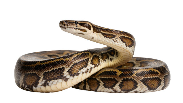 Python snake coiled with brown and beige patterned scales