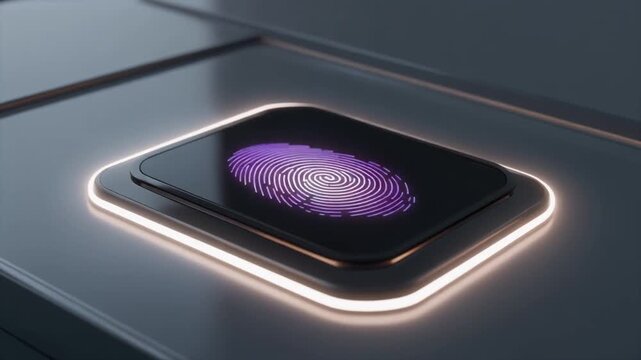 Biometric security animation runs digital fingerprint scans. Glowing biometric security animation blends orange blue light. Modern biometric security animation checks database identity.