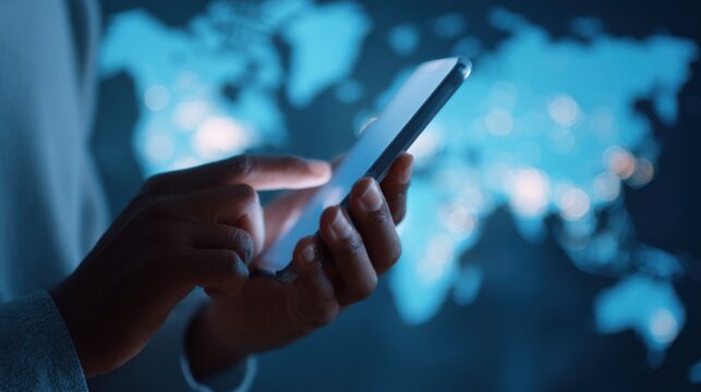 A person holds a smartphone displaying an animated global transfer concept while a world map is in the background. The scene has a cool blue light and a soft focus effect