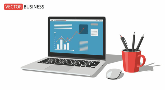A laptop displaying graphs and charts on its screen next to a red mug with pencils