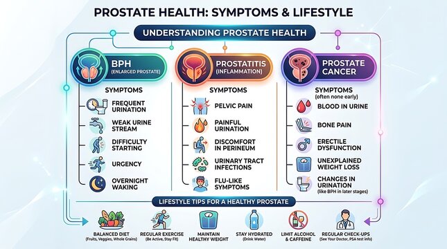 Prostate health infographic showing symptoms and lifestyle tips
