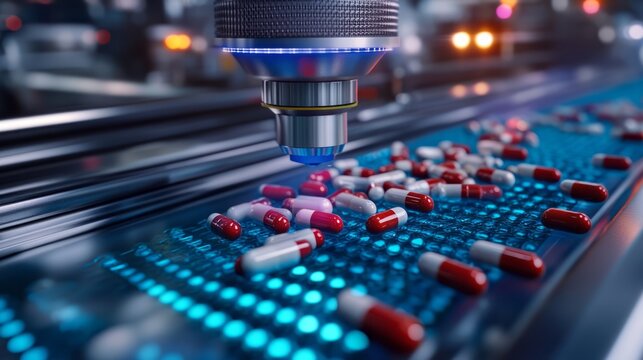 Advanced pharmaceutical manufacturing line with robotic precision filling capsules on glowing digital surface showing modern medicine production quality control research healthcare technology process