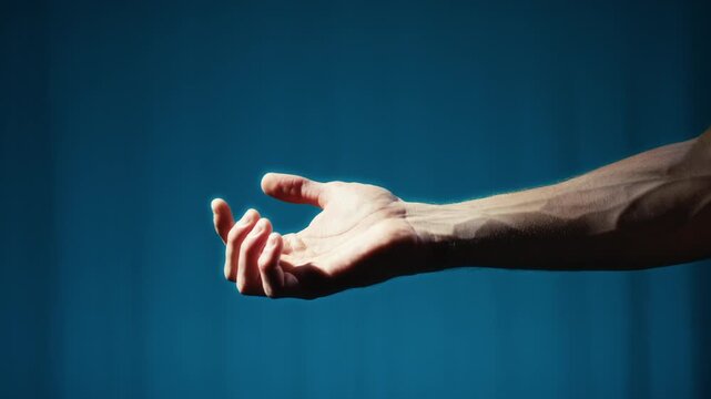 Outstretched hand reaching through blue illuminated darkness