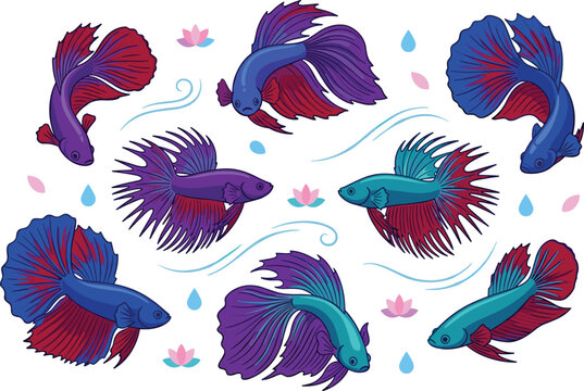 Betta Fish Vector Icon Set Featuring Various Breeds Including Crowntail Halfmoon and Veiltail Siamese Fighting Fish with Floating Lotus Flower Elements