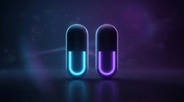 Futuristic Neon Medical Pills Glowing in Dark Digital Background