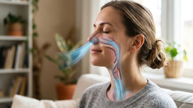 Close up woman receiving futuristic facial and breathing analysis with robotic scanner nasal airflow glow medical wellness technology respiratory health beauty diagnostics and calm spa treatment scene