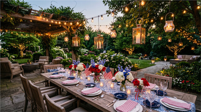 Beautiful outdoor dining table decorated for a patriotic fourth of july celebration with flowers and hanging lanterns at twilight time