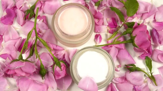 Jars with face cream with use rose essential oil, fresh pink roses are on a white table, background, top view