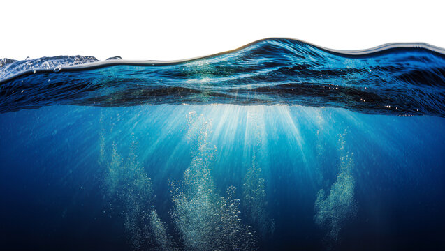 Underwater scene with sun rays piercing the surface creating light beams and bubbles, isolated on transparent background