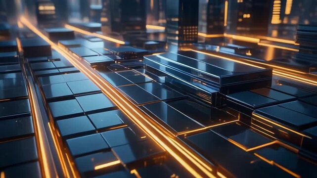 Technology futuristic animation structures dark geometric blocks. Digital technology futuristic animation grids orange data paths. Cyber technology futuristic animation loops matrix lines.