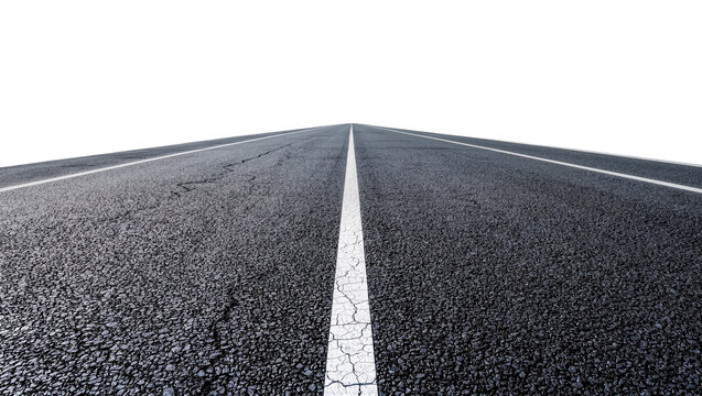 Asphalt road with white lines cracked texture, isolated on transparent background