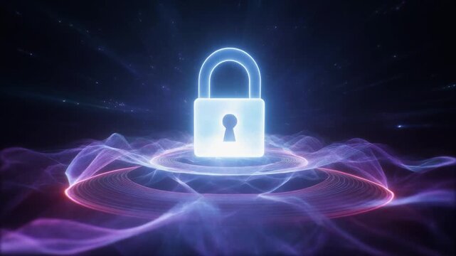Security animation flows blue digital wave paths. Connected security animation locks glowing padlock icons. Safe security animation protects information web servers.