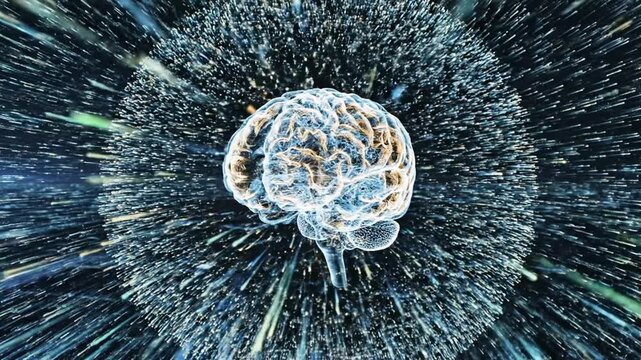 Digital 3D wireframe brain on dark technical background.