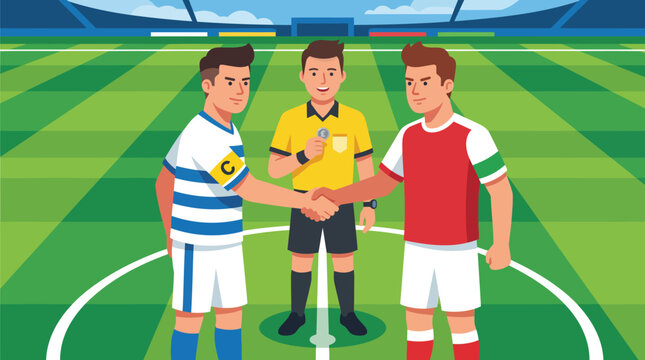Soccer Coin Toss Flat Vector Illustration of Captains Handshake and Referee