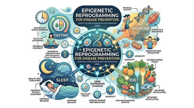 Infographic illustrating epigenetic reprogramming through lifestyle