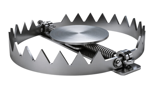 Metal animal trap with sharp teeth and coiled spring, isolated on transparent background