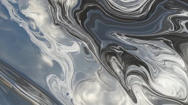 Abstract liquid chrome texture with swirling black and white metallic waves