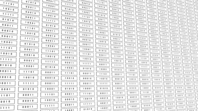 Columns of changing black binary code on a white screen, computer language. Encryption, digital code, big data, blockchain, firewall, data privacy, computer technology.