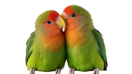 Naklejka premium Two Fischer s lovebirds with orange faces and green bodies, isolated on transparent background