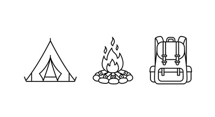 Camping icons tent campfire and backpack in linear style © MDAUAL