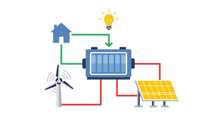 Obraz premium Renewable Energy Home System: Solar, Wind, Battery, Lightbulb