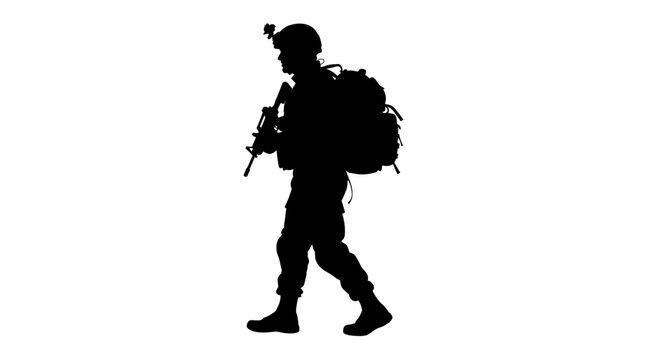 Soldier walking with rifle and large backpack silhouette